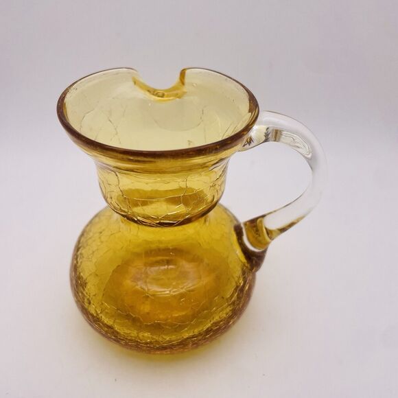 Vintage Crackle Glass Mini Pitcher Hand Blown Yellow Amber Applied Clear Handle - Picture 3 of 5
